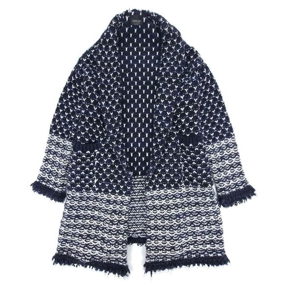 ZARA Long Boho Jacquard Knit Western Fringe Cardigan Sweater Coat Medium Navy - Picture 1 of 8
